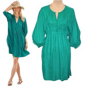 NWOT Vintage Boho Mini Dress Sz.M Green Babydoll Balloon Sleeve Embroidery Lace